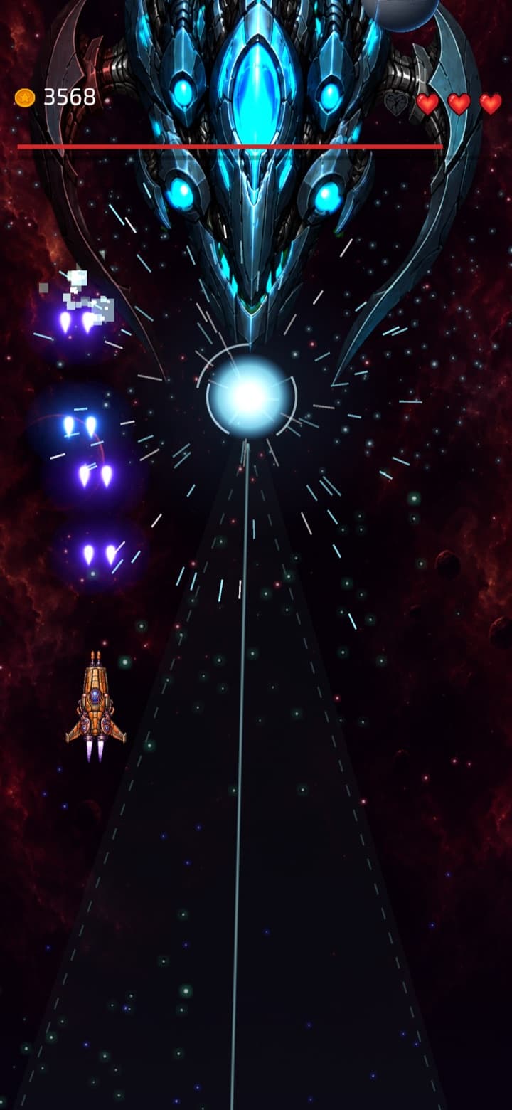 A biomechanical boss charging its beam above the player's ship