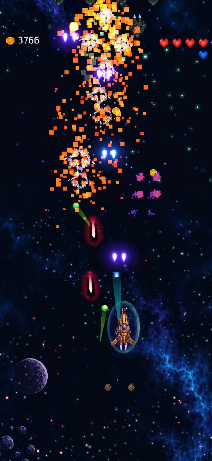 A swarm breaking apart into pixel debris over a blue nebula
