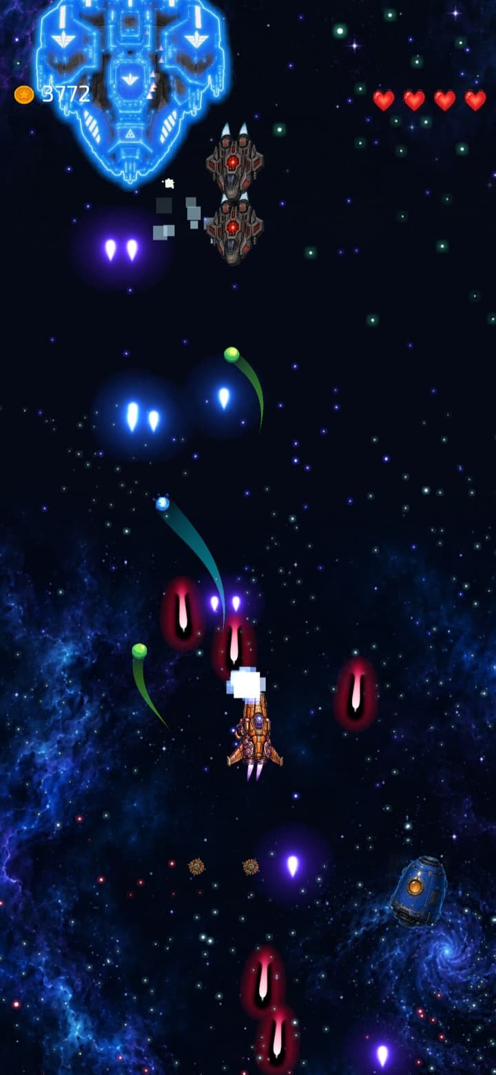 Enemy fighters closing in while drones orbit the player