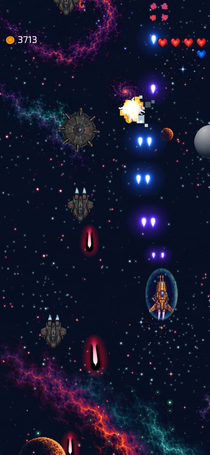 The player's ship inside a shield bubble among enemy fighters